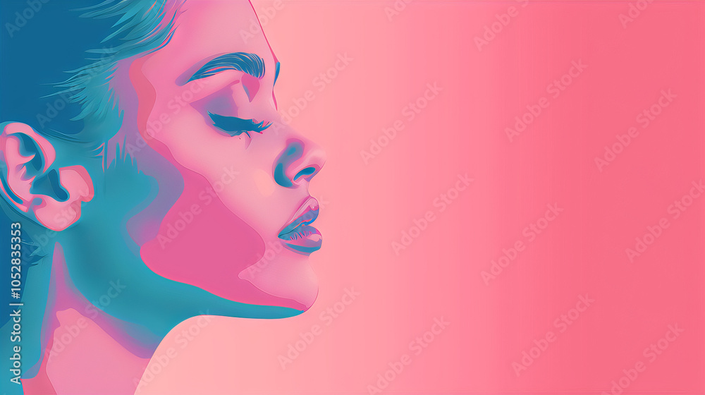 Vibrant Feminine Pop Art Style Portrait Illustration in Soft Pink and Blue Hues Vibrant Feminine Pop Art Style Portrait Illustration in Soft Pink and Blue Hues