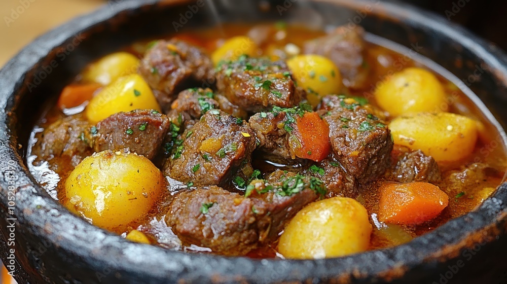 Close-up of Steaming Beef Stew with Potatoes and Carrots in a Clay Pot Close-up of Steaming Beef Stew with Potatoes and Carrots in a Clay Pot