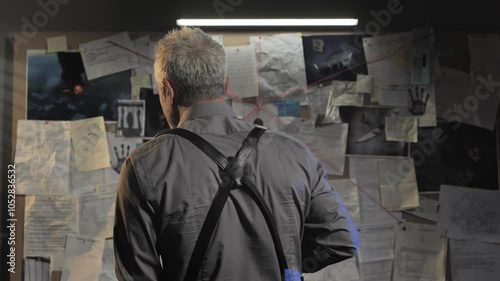 back view of pensive police detective looking at  evidence board in office,caucasian policeman investigates on criminal case examining crime clues
