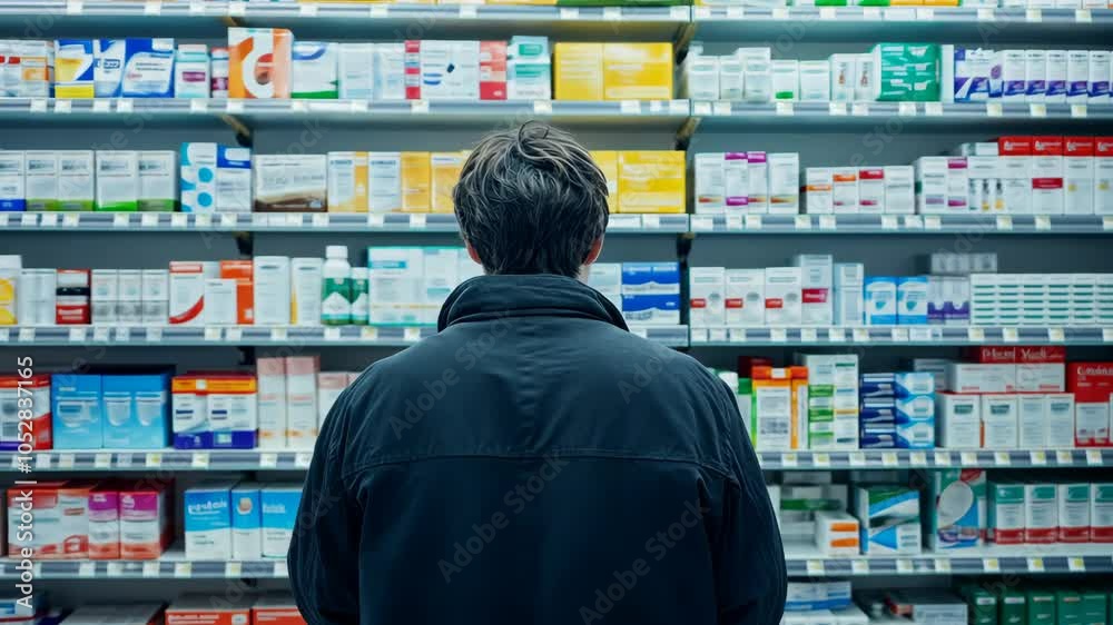 A man browses aisles of medicine in a pharmacy