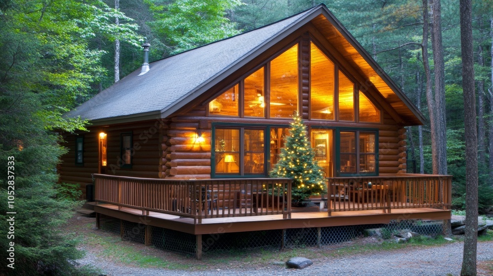 Fototapeta premium American riverside cabin with a small Christmas tree outside peaceful winter night