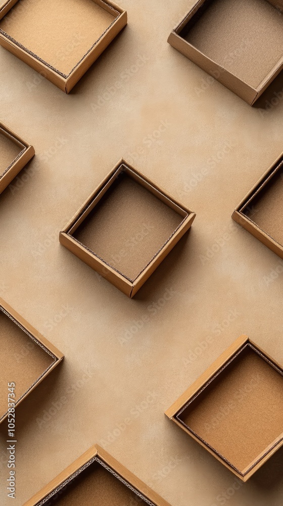 Fototapeta premium A pattern of empty cardboard boxes on a beige background.
