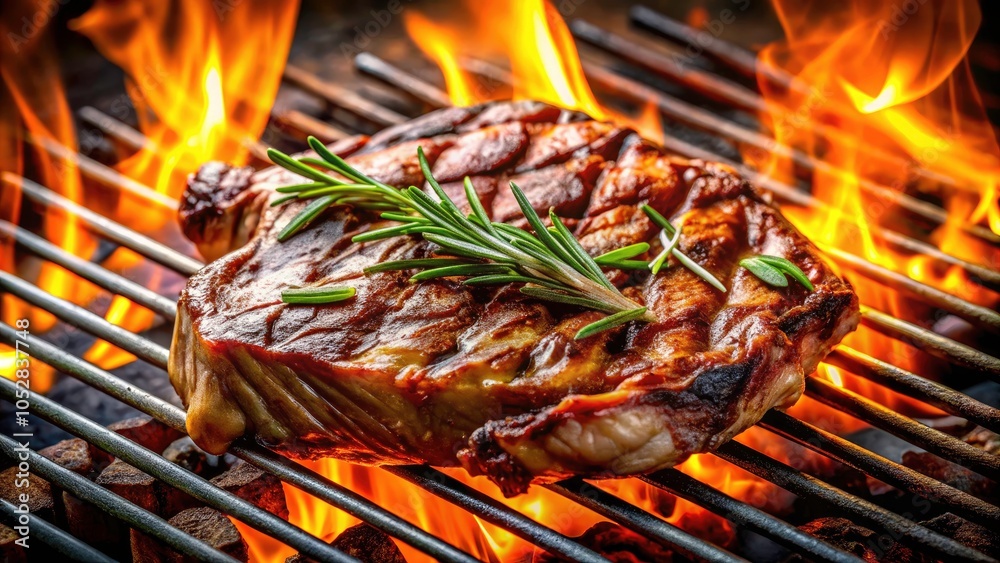Grilled Perfection: Close-Up of Juicy Barbecued Meat on the Grill with Flames Dancing in the Background for BBQ Lovers Grilled Perfection: Close-Up of Juicy Barbecued Meat on the Grill with Flames Dancing in the Background for BBQ Lovers
