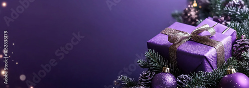 Purple Christmas Gifts and Ornaments on a Purple Background, copy space