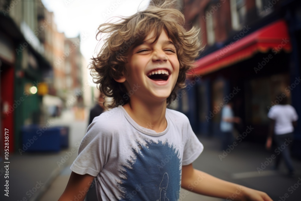 Portrait of a young boy laughing in the street. Shallow DOF Portrait of a young boy laughing in the street. Shallow DOF