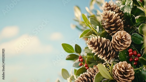 American-style outdoor Christmas tree decorated with pinecones red berries