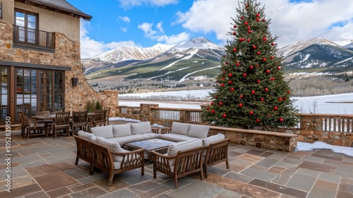 American-style outdoor Christmas tree decorated with pinecones red berries