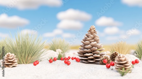 American-style outdoor Christmas tree decorated with pinecones red berries