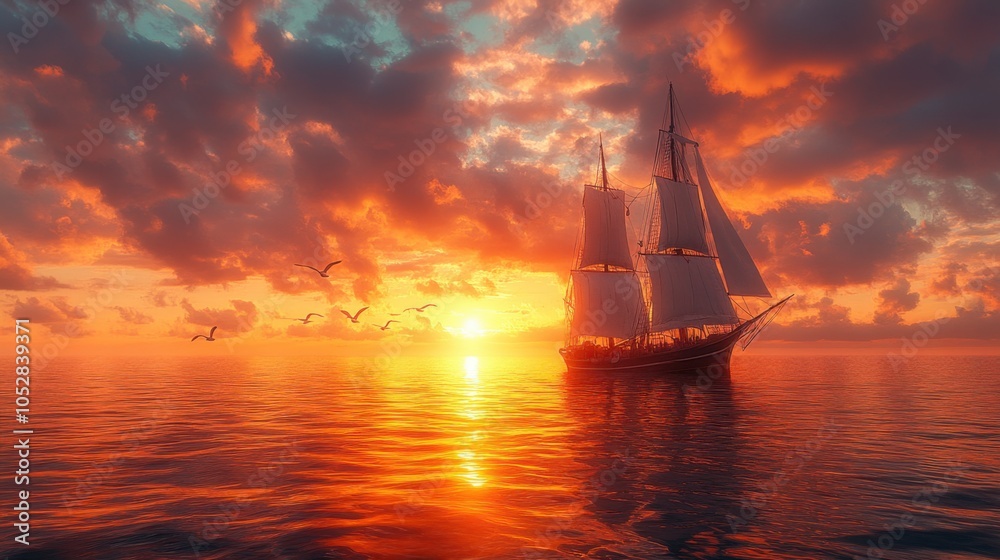 Obraz premium A majestic ship sailing at sunset over calm waters.
