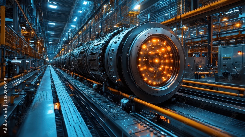 Industrial scene featuring a large turbine in a factory setting.