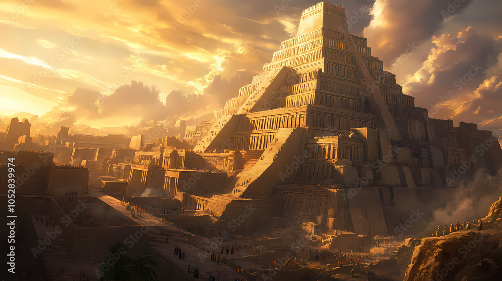 A biblical illustration of the tower of babel captures its towering ...