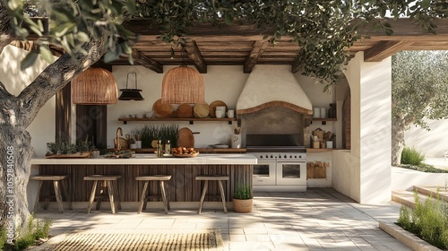 Breathtaking Alfresco Kitchen with Spanish Finca Details and Majestic Olive Tree Overhang