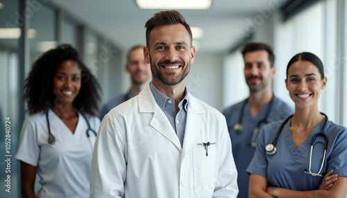 Smiling doctor with healthcare workers and nurses, representing teamwork and care in a clinic