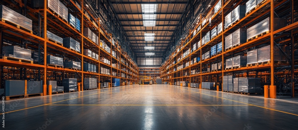 Fototapeta premium An empty warehouse with high shelves and bright lights.