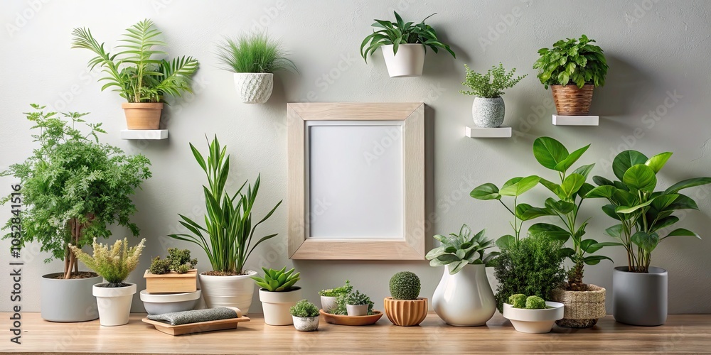 Minimalistic Home Decor with Greenery, Elegant Containers, and a Blank Frame for a Serene Atmosphere Minimalistic Home Decor with Greenery, Elegant Containers, and a Blank Frame for a Serene Atmosphere