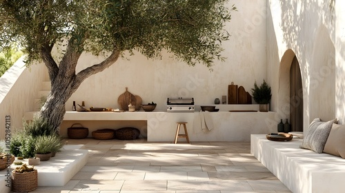 Stunning Ibiza Inspired Outdoor Cooking and Dining Space with Whitewashed Stucco and Terracotta Accents