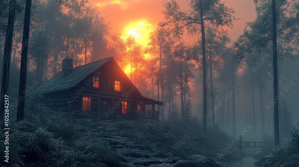A serene cabin in a misty forest at sunset.