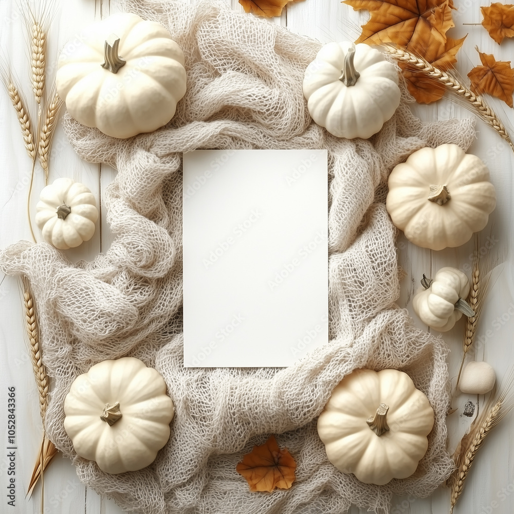 Fototapeta premium Blank Frame with White Pumpkins and Cozy Knit on Soft Background for Autumn Decor