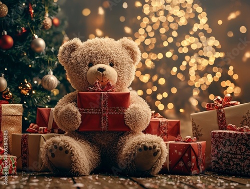 Cozy Teddy Bear with Holiday Gift Among Festive Decor