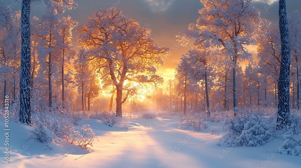 A snowy forest path bathed in the golden light of a winter sunset.