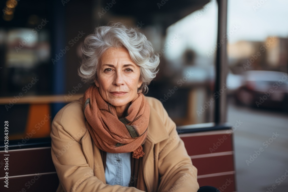 Portrait of an elderly woman in a coat and scarf sitting in a cafe. Portrait of an elderly woman in a coat and scarf sitting in a cafe.