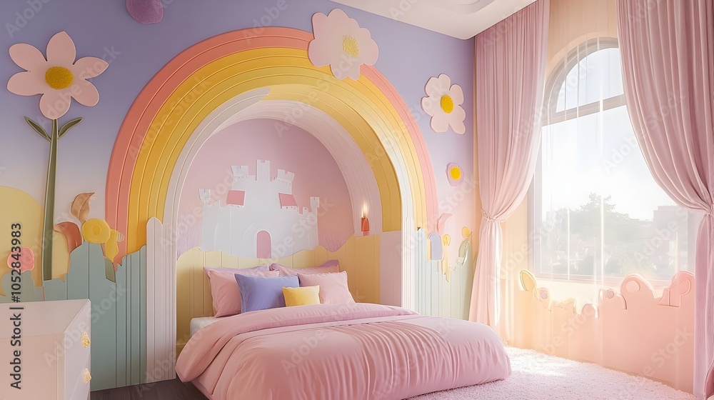Enchanting Modern Girls Bedroom with Vibrant Rainbow Castle Wall Mural and Cozy Canopy Bed Enchanting Modern Girls Bedroom with Vibrant Rainbow Castle Wall Mural and Cozy Canopy Bed