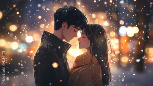 A couple in love, features a boy with black hair and a girl with long brown bob-style hair standing under the soft light of falling snowflakes.