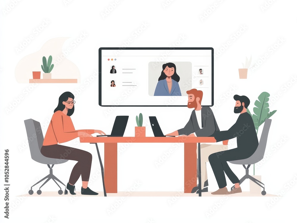 A manager conducting a virtual team meeting, leading a discussion with remote employees through video conferencing software. A manager conducting a virtual team meeting, leading a discussion with remote employees through video conferencing software.