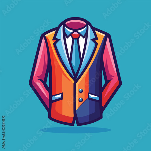 A colorful illustration of a suit jacket with a blue tie, against a blue background. 