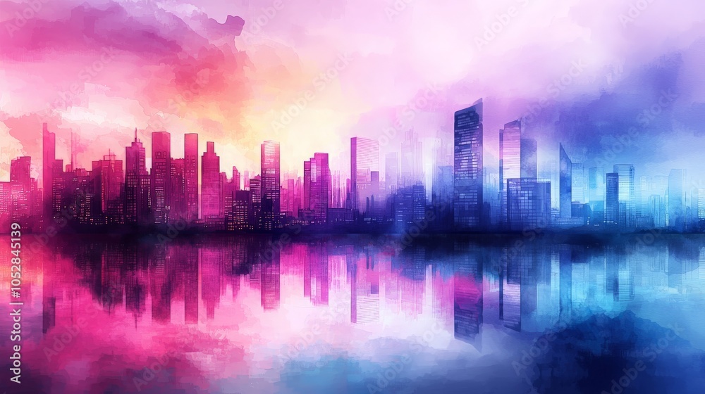 Dreamy Watercolor Cityscape at Dusk Dreamy Watercolor Cityscape at Dusk