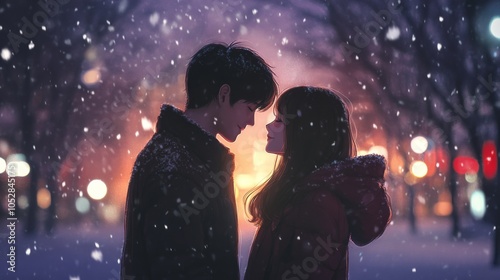 A couple in love, features a boy with black hair and a girl with long brown bob-style hair standing under the soft light of falling snowflakes.