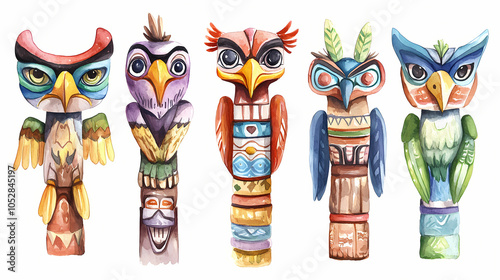 A super-cute comic cartoon totem pole, full body, watercolor illustration. Native American Totem Poles. Illustration photo