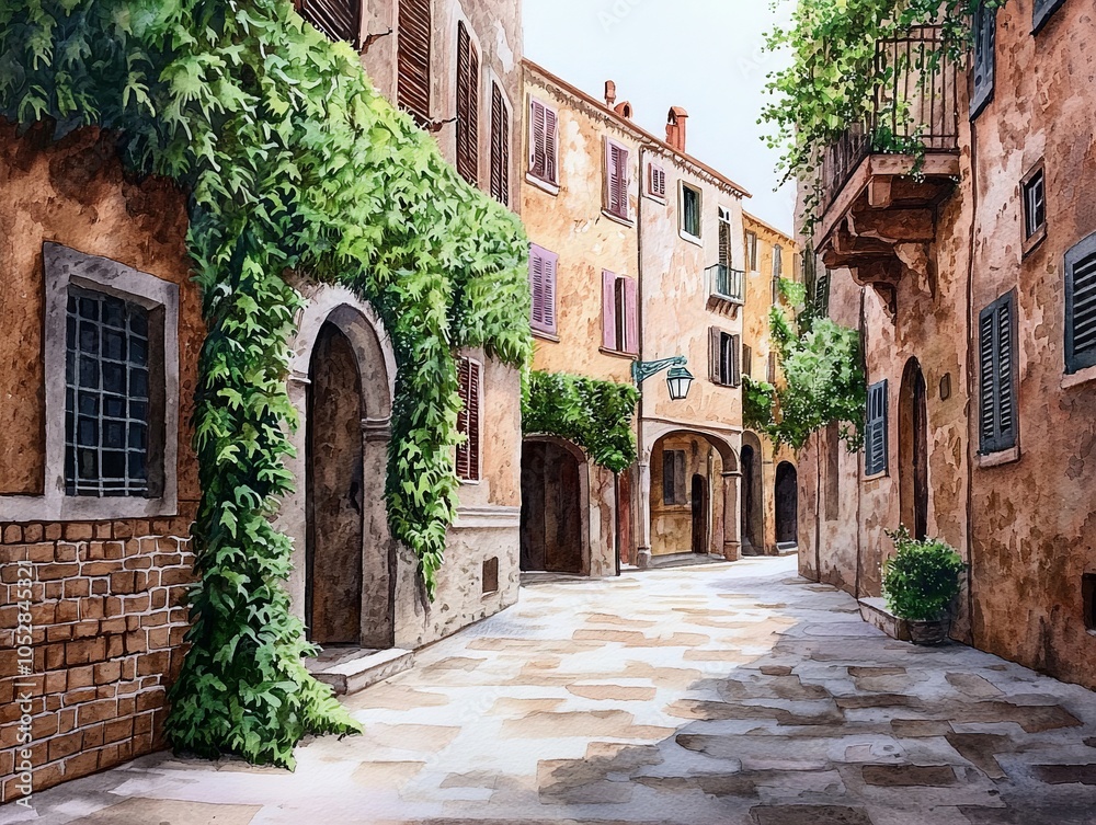 Obraz premium Serene Watercolor Alleyway Artwork