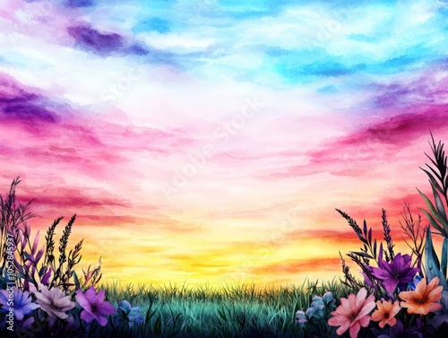 Peaceful Sunrise Watercolor Landscape Over Fields photo