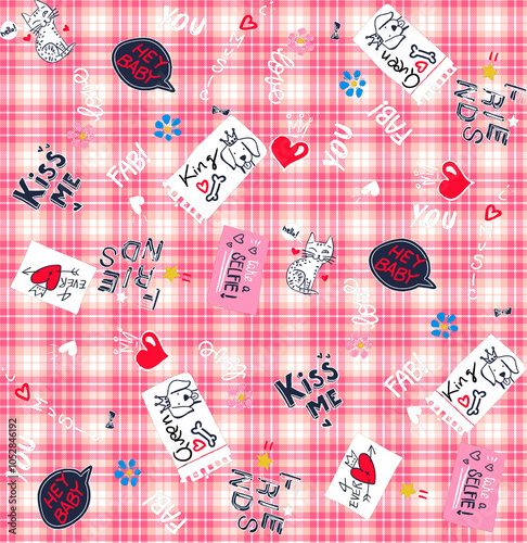 Pattern with plaid and pet stickers. Seamless pattern for pet textile.
