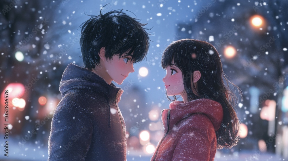 Obraz premium A couple in love, features a boy with black hair and a girl with long brown bob-style hair standing under the soft light of falling snowflakes.