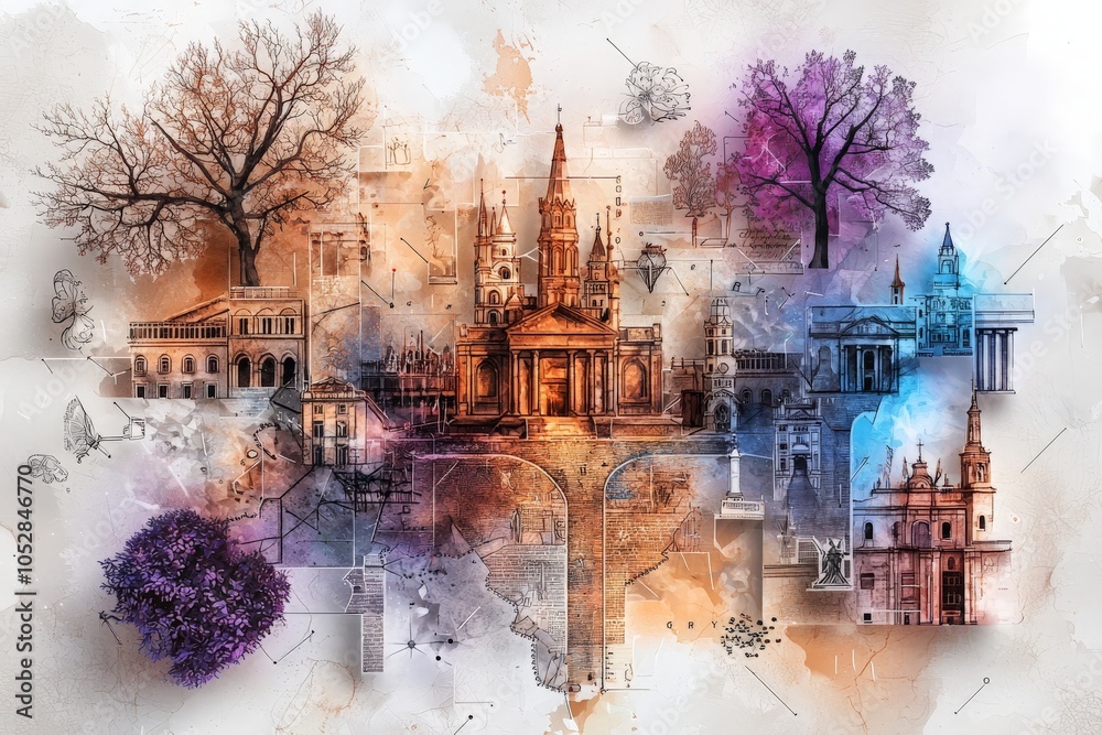 Fototapeta premium Vintage Watercolor Map of an Old European City