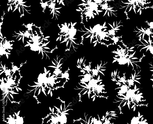 Floral pattern with cute little flowers in dark background, black and white pattern for textile and decoration.