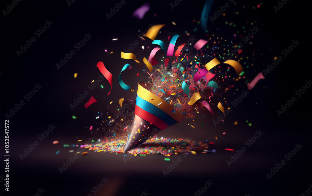 A colorful party popper explodes with confetti and ribbons against a dark background. A colorful party popper explodes with confetti and ribbons against a dark background.
