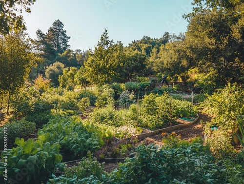 A permaculture forest garden with layers of plants growing in harmony, showing how regenerative farming can mimic natural ecosystems. photo