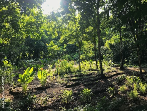 A permaculture forest garden with layers of plants growing in harmony, showing how regenerative farming can mimic natural ecosystems. photo