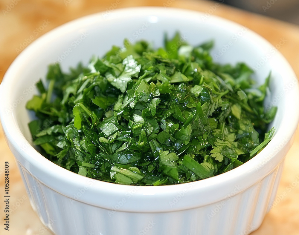Parsley chopped in a white ceramic bowl on the kitchen table top. Parsley chopped in a white ceramic bowl on the kitchen table top.