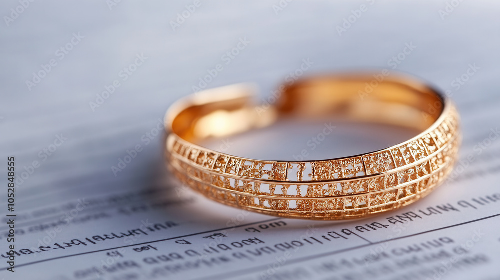 close up of gold bracelet resting on financial report, showcasing its intricate design and shine. contrast between jewelry and document adds touch of elegance to scene close up of gold bracelet resting on financial report, showcasing its intricate design and shine. contrast between jewelry and document adds touch of elegance to scene
