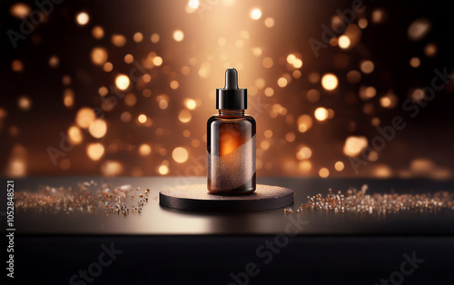 A glass bottle with a dropper sits on a black platform, illuminated by a spotlight, surrounded by bokeh.