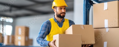 Employee loading boxes into a truck, lastmile delivery preparation, busy day