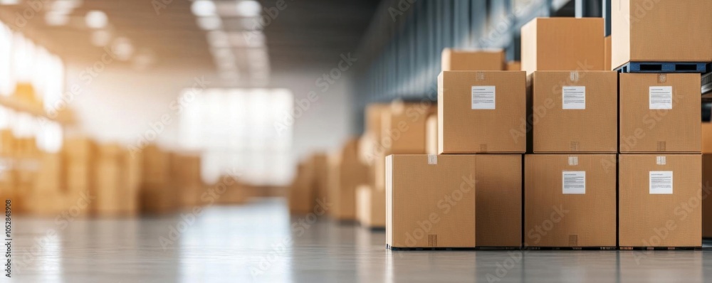 Rows of neatly stacked boxes, modern warehouse interior, welllit and organized Rows of neatly stacked boxes, modern warehouse interior, welllit and organized