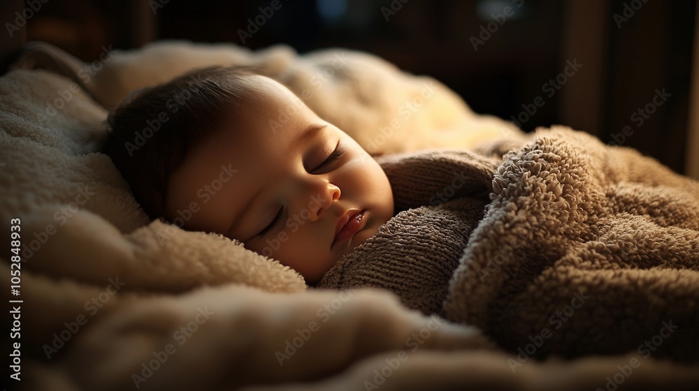 Sleeping Baby in a crib, illuminated by soft, clear lighting, showing the baby peacefully resting under a cozy blanket Sleeping Baby in a crib, illuminated by soft, clear lighting, showing the baby peacefully resting under a cozy blanket