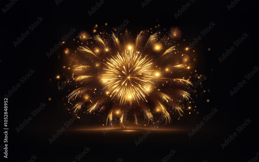 A single golden firework bursts against a black background, radiating light and sparks. A single golden firework bursts against a black background, radiating light and sparks.