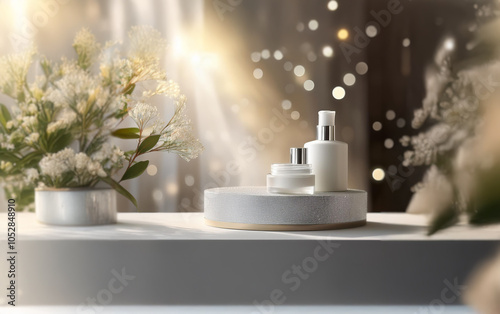 Three white bottles of beauty products on a round tray in front of a window with a bouquet of white flowers.