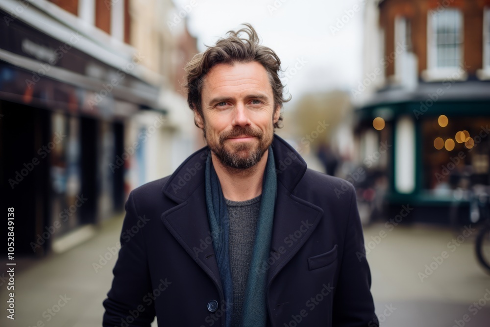 Handsome middle-aged man with a beard and mustache in a black coat on a city street Handsome middle-aged man with a beard and mustache in a black coat on a city street